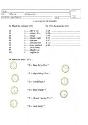 English worksheet: Numbers and Hours