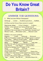English Worksheet: DO YOU KNOW Great Britain? Answer the Questions.
