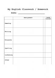 English worksheet: Classwork Log