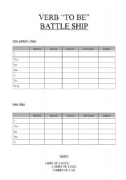 English worksheet: Verb To Be Battle Ship_with two tables