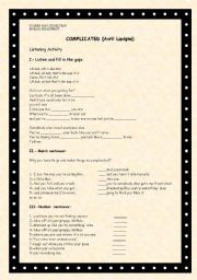 English Worksheet: complicated avril lavigne