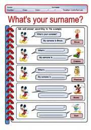 English Worksheet: whats your surname?