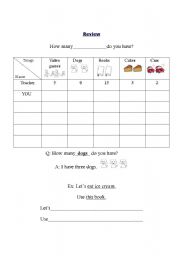 English worksheet: Review: How many.......... do you have?