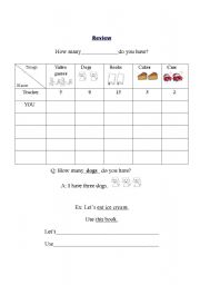 English Worksheet: Review: How many.......... do you have?