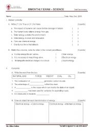 English Worksheet: EVALUATION - SOURCES OF ENERGY