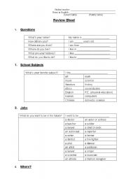 English worksheet: Review Sheet: Questions, School Subjects, Jobs, What, and Where