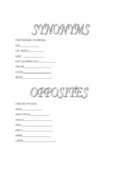 English worksheet: some important synonyms and opposites