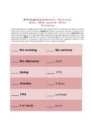 English worksheet: Time Prepositions - SNAP