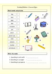 Vocabulary Matching Worksheet - Classroom Objects