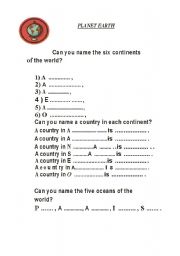 English worksheet: Continents and Oceans