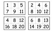 Numbers bingo cards (from 1 to 20)