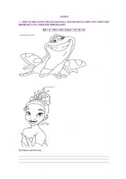 English worksheet: coloring and writing about the princess and the frog