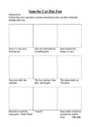 English worksheet: Sam the cat has fun worksheet