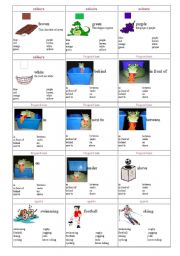 English Worksheet: family cards page 13 - colours, prepositions, sports