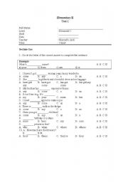English Worksheet: Basic Grammar and Vocabulary Test
