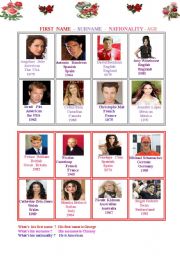 English Worksheet: CELEBRITIES : first name - surname - nationality - country - age  