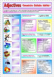 ADJECTIVES - Demonstrative, Distributive & Indefinite Adjectives - ((Elementary/Intermediate)) - Explanations & 7 Exercises with approx. 40 sentences to complete - (( B&W VERSION INCLUDED ))