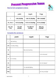English worksheet: Present progressive tense - 3 pages, info and exercises