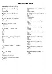 English Worksheet: Days of the week