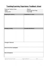 English worksheet: Teaching and Learning feedback sheet for practising teachers
