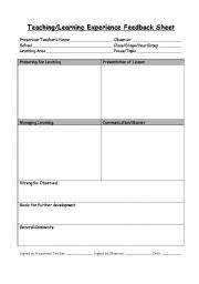 English Worksheet: Teaching and Learning feedback sheet for practising teachers