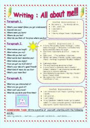 English Worksheet: Writing : A profile of yourself - All About me!