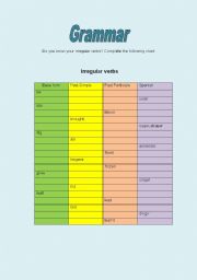 English worksheet: Irregular verbs chart