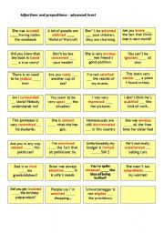 English Worksheet: Adjectives and prepositions (advanced) - cards with solution on the back 