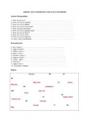 English worksheet: asking and answering the age & numbers