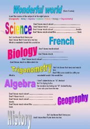 English Worksheet: School Subjects in a Wonderful World