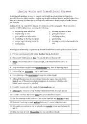 English Worksheet: Linking Words and Transitions: Explanation and Matching Activity