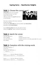 English worksheet: Saying Sorry - Hawthorne Heights