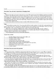 English Worksheet: reading comprehension