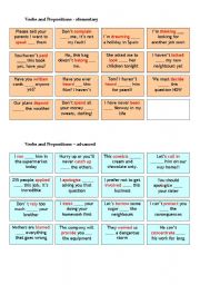 English Worksheet: Verbs and Prepositions - cards with solution on the back