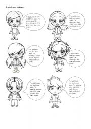 English Worksheet: What are they wearing? Read and colour.