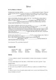 English worksheet: Ghosts (gap filling + debate activity)