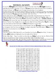 English Worksheet: Michael Jackson song: THRILLER - WORDSEARCH