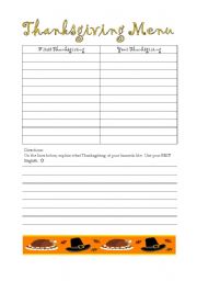 English worksheet: First Thanksgiving Menu