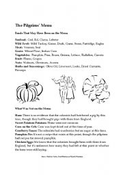 English worksheet: The Pilgrims Menu