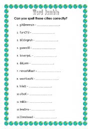 English Worksheet: Unscramble the names of cities - Spellings