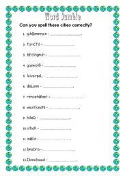 English worksheet: Unscramble the names of cities - Spellings