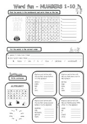 English Worksheet: Word fun - NUMBERS 1-10 (key included)