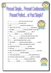 Present Perfect, Past Simple, Present Simple and Present Continuous tenses.