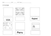 English worksheet: FLAGS 2 sheets, 1. cut and glue 2. flags for coloring in a vocabulary.