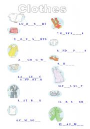 English Worksheet: complete the clothes vocab ( +KEY)  review vocab about clothes
