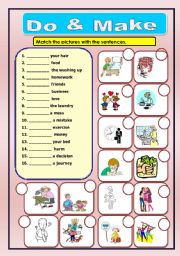 Do & Make worksheet, and match the correct picture, (+KEY)  do exercise, make a decision, make bed, do business, do harm, make love, make friends, make money, make food, do laundry, make a journey, make a mistake, do hair,  , etc