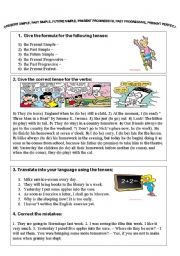 English Worksheet: simple present past future, progressive present past, present perfect