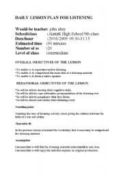 English Worksheet: daily lesson plan