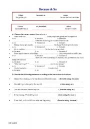 English Worksheet: so and because