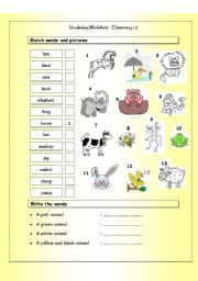 Vocabulary Matching Worksheet - ANIMALS (Elementary 1.5)